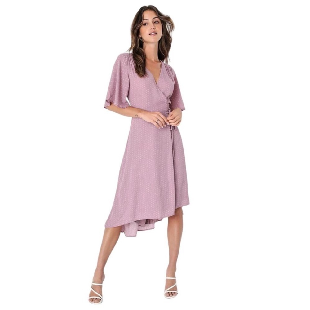 NWT Lulus Farah Pink Mauve V Neck Flutter Sleeve Midi Tie Wrap Dress M